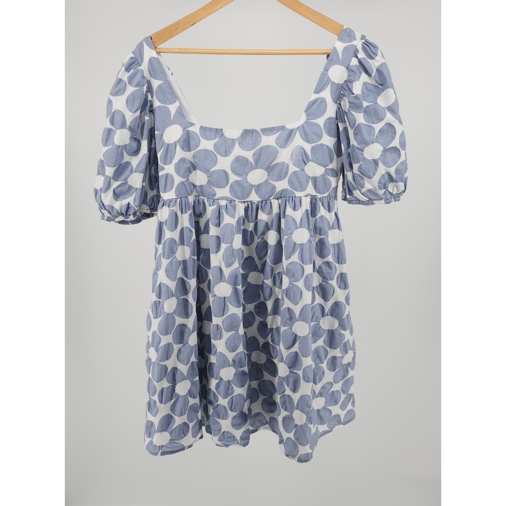Altar'd State Blue White Floral Puff Sleeve Babydoll Mini Dress w/ Pockets SZ M